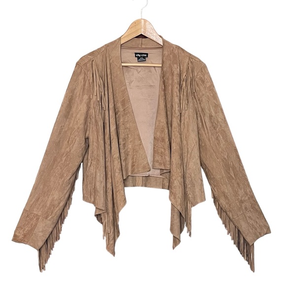 City Chic Stone Brown Tan Faux Suede Fringe Open Front Jacket 16 - Picture 1 of 3
